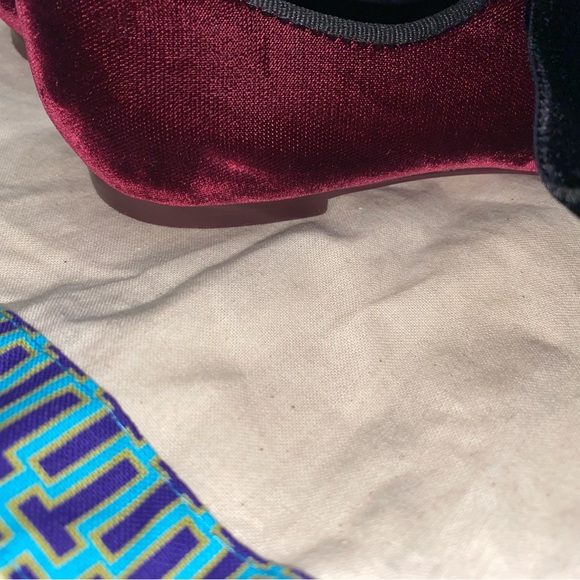 Tory Burch Burgundy Velvet Pointed Flats with Black Velvet Ties - Picture 3 of 6